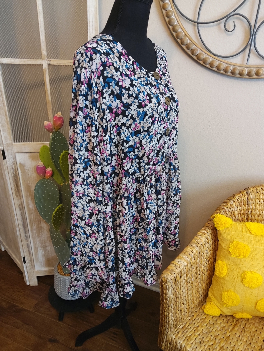 Terra & Sky Black Floral Button-Front Top with Pink & White Blossoms - Picture 6 of 12